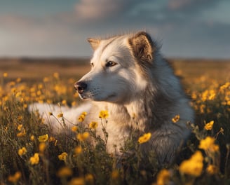 Chien Inuit est couché parmi les fleurs d'onagre