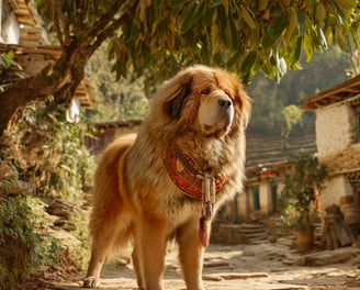 Tibetan Mastiff debout près d'un margousier