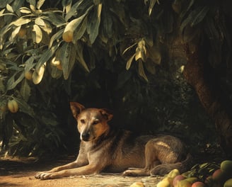 Indian Pariah Dog allongé à l’ombre d’un manguier