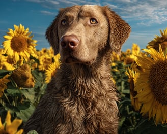 Chesapeake Bay Retriever dans un champ de tournesols