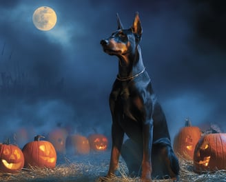Doberman surveillant des citrouilles