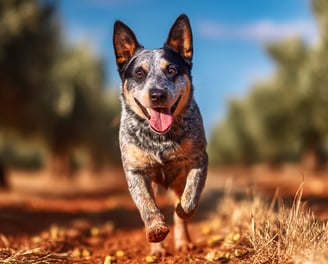 Australian Cattle Dog est en pleine action, courant entre les macadamiers