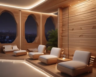 A serene spa setting with three beauty product tubes displayed prominently on a small round table. In the background, a person relaxing in a bathtub with a towel wrapped around their head and sunglasses.