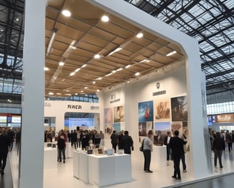 A bustling exhibition hall filled with people attending a financial conference or trade event. Prominent displays and booths from companies like Scope Markets, Daman Markets, and Hantec Markets are visible. Attendees are engaged in conversations, networking, and exploring the offerings and information provided by the exhibitors.