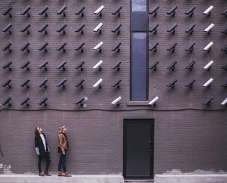 Two people standing in front of a brick wall that has many video surveillance cameras.