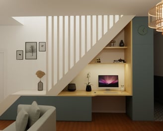 apreçu 3d d'un escalier avec intégration d'un bureau et de meubles 