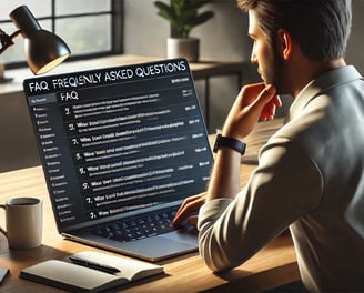 Illustration of a person reading a FAQ section on a laptop.