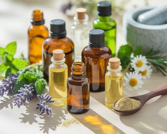 a variety of bottles of essential oils and herbs