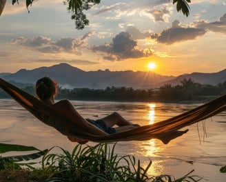 a person sitting in a hammock with a view of the sun setting