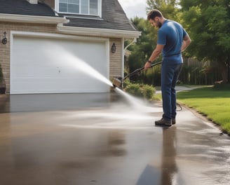 A person is washing a car with a pressure washer, applying soap foam all over the vehicle. The scene takes place in a driveway next to a garage, with suburban houses in the background. The person is wearing a cap and appears to be focused on cleaning the car.