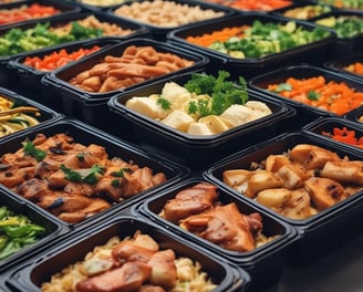 Rows of black meal prep containers are filled with cooked sweet potatoes and slices of turkey, arranged neatly. The containers are placed on a large surface in what appears to be a commercial kitchen setting.