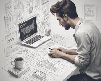 A well-organized workspace featuring a laptop, a potted plant, design sketches, and writing tools. The sketches appear to be wireframes for a 'Shopping Gift Voucher' application or website, drawn on white paper with annotations.