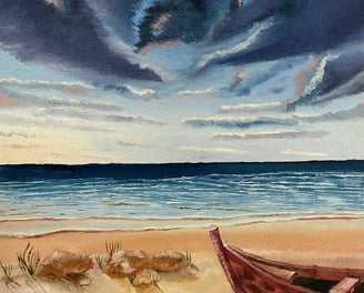 a painting of a boat on a beach