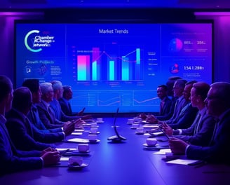 a conference room with a large screen displaying a presentation