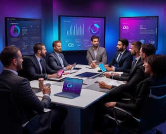a group of people sitting around a table with laptops