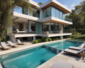 People are working on the interior renovation of a room that appears to be under construction. A worker on a scaffold is painting the ceiling, while others are seated or discussing the progress. The room has smooth, gray walls with arched recesses and a modern design vibe. There are tools and materials scattered around, including a ladder, paint cans, and some rocks or construction debris on the floor. Overhead, stylish pendant lights provide illumination as natural light streams in from windows.