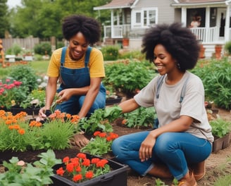 A group of people is working in a park-like setting, engaged in gardening activities. The scene features well-maintained hedges and trees, with some workers dressed in blue uniforms. In the background, there are several buildings with classic architecture under a partly cloudy sky.