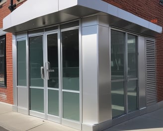 A vertical stack of translucent blue-green glass panes is set within a dark brown wooden frame. The glass has a slightly wavy texture, creating an interesting visual pattern, while the wood provides a contrasting background, highlighting the glass feature.