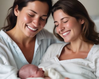 A newborn baby is being delivered in a hospital setting. Medical professionals wearing surgical gowns, masks, and hairnets assist in the delivery process. The infant is held gently, still covered in bodily fluids, against a backdrop of surgical drapes and equipment.