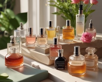 A picture with a bunch of different fragrances including colognes and perfumes