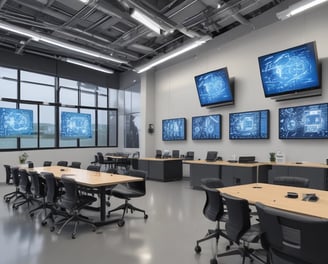 A conference room with a long wooden table surrounded by chairs covered in protective plastic. Multiple computer monitors are placed on tables against the walls, each displaying nature-themed images. The walls are lined with wood paneling, and a sign indicating a center for artificial intelligence is displayed at the front. There are decorative flower arrangements on the table, and the overall setup suggests a professional environment.