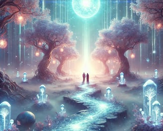 Uma paisagem surreal e etérea representando o tema 'A Senda - Conexão'.