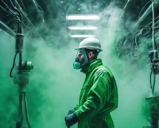 Descontaminación de sustancias químicas peligrosas, mascarilla de respiración y traje descontaminar