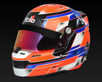 Tarif peinture casque type complexe avec du orange fluo, carbone, blanc et bleu avec des effets