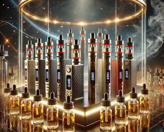 colección de vapers premium en una vitrina de cristal, con luces LED