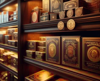 escena elegante en un estanco de lujo, con estantes de madera oscura repletos de cajas de tabaco