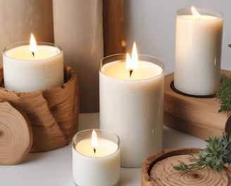 A decorative arrangement is placed against a textured wall, featuring a mix of dried and fresh leaves, various candles in different sizes and colors including red, white, and green, and a rustic candle holder. A round arrangement of red candles is set on a platter adorned with greenery and small decorative elements. The scene combines natural elements with crafted decorations, giving an eclectic and cozy appearance.