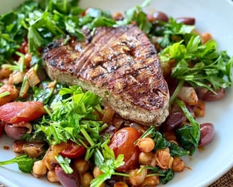 Semaglutide Recipe: Grilled Tuna Steak with Chickpeas, Tomatoes and Sautéed Spinach