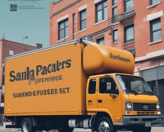 A truck with a 'HIVE BOXX' advertisement is parked on a sloped street near a public market, with a view of the water and distant hills. People are walking around, and several market stalls with tents are visible. The truck promotes eco-friendly moving boxes with a scenic city graphic on the back, featuring iconic landmarks and natural elements.