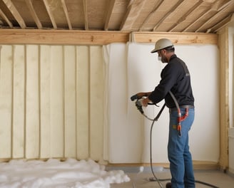 The ceiling of a room under construction or renovation, with visible wooden beams and exposed fiberglass insulation. Loose and fluffy pink insulation material is tucked between the beams, with some electrical wires hanging down. The walls are partially uncovered, showing exposed bricks and some unfinished drywall.