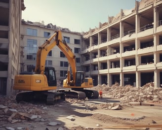 An aerial view of a demolition site with scattered debris and construction equipment. The remains of a building with red-orange roofs surround the area, indicating significant destruction.