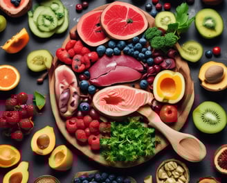 A page from a vintage nutritional guide displaying various food items categorized based on vitamins. The top section highlights foods rich in a specific vitamin, including leafy greens, fish, carrots, and a bottle possibly containing oil. The lower sections depict foods high in vitamins C and D, featuring citrus fruits, eggs, dairy, and other produce. The imagery is slightly blurred, adding a nostalgic feel.