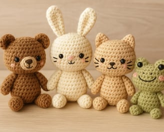 un ours brun, un lapin blanc, un chat et une grenouille au crochet