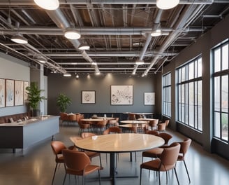 A modern co-working space with industrial design elements, featuring a cylindrical meeting room surrounded by frosted glass walls. The area is lit by soft overhead lights and has exposed ducts and beams on the ceiling. A hallway extends from the central space, showing a buzz of activity with blurred figures indicating movement.