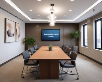 A modern coworking space with a stylish and open layout. The room features a long bar-style table with high black chairs, pendant lighting, and a glass partition on one side. Two people are seated at a round table in the center, engaged in discussion, and using laptops. The room is decorated with plants, shelves, and a large green abstract mural on the wall.