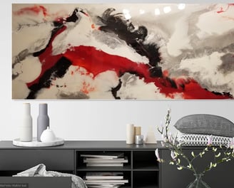SOLD: "Red Chakra" - 3 x 7 Painting. This impactful artwork, measuring 3 feet by 7 feet, was sold at