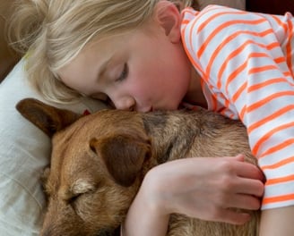 a young girl is sleeping on a couch with her dog