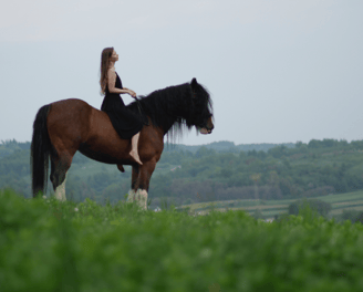 Kasia Bukowska riding her shire horse bareback and bitless on a trail overlooking Dubiecko