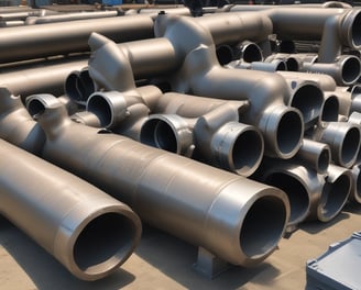 A close-up view of a heavy-duty metal pipe connection featuring a large rubber hose secured with metal clamps. The components display industrial material textures with a combination of metallic and rubber surfaces.