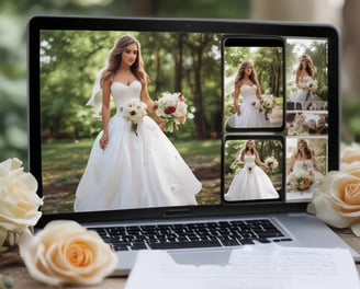 A newlywed couple dressed in traditional attire is posing for a photograph. The groom is wearing a black suit with a red tie, accompanied by a black traditional cap and a garland of flowers around his neck. The bride is adorned in an intricate white dress with detailed beadwork and a headdress with floral decorations. She has henna on her hand, and they are both showing their hands in a traditional gesture. The background features blurred floral decorations and a white upholstered chair.