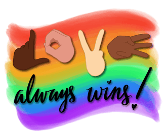 illustration stating "Love" in sign language "always wins" with rainbow banner
