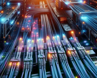 Cables de fibra óptica transmitiendo datos de un equipo a otrp