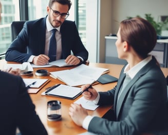 A professional consultation setting with a medical professional sitting at a desk facing a client. The room has a modern aesthetic with white walls decorated with framed certificates. The desk is organized with office supplies, a laptop, and a fruit bowl in the center.