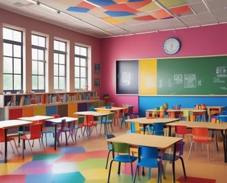 A bright and colorful children's play area with circular seating in pastel shades of pink, green, and blue. The room is filled with various play equipment and toys, including a playhouse and books. The ceiling is decorated with green and blue hanging flags, and the flooring is wooden. Large windows at the far end allow natural light to flood the room.