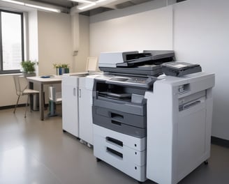 A large digital printing machine inside a room, producing a vivid banner with pink, black, and white colors. The machine has a blue exterior with multiple control buttons and switches, situated against a neutral-colored wall with a few posters and signs.