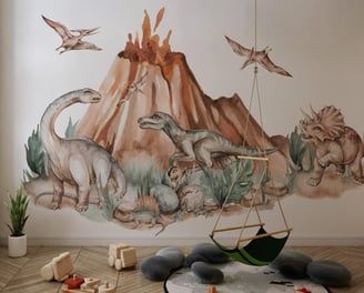 Dinosaurs Era and Volcano Wall Decal for Kids - Peel and Stick Dino Park Wall Sticker 